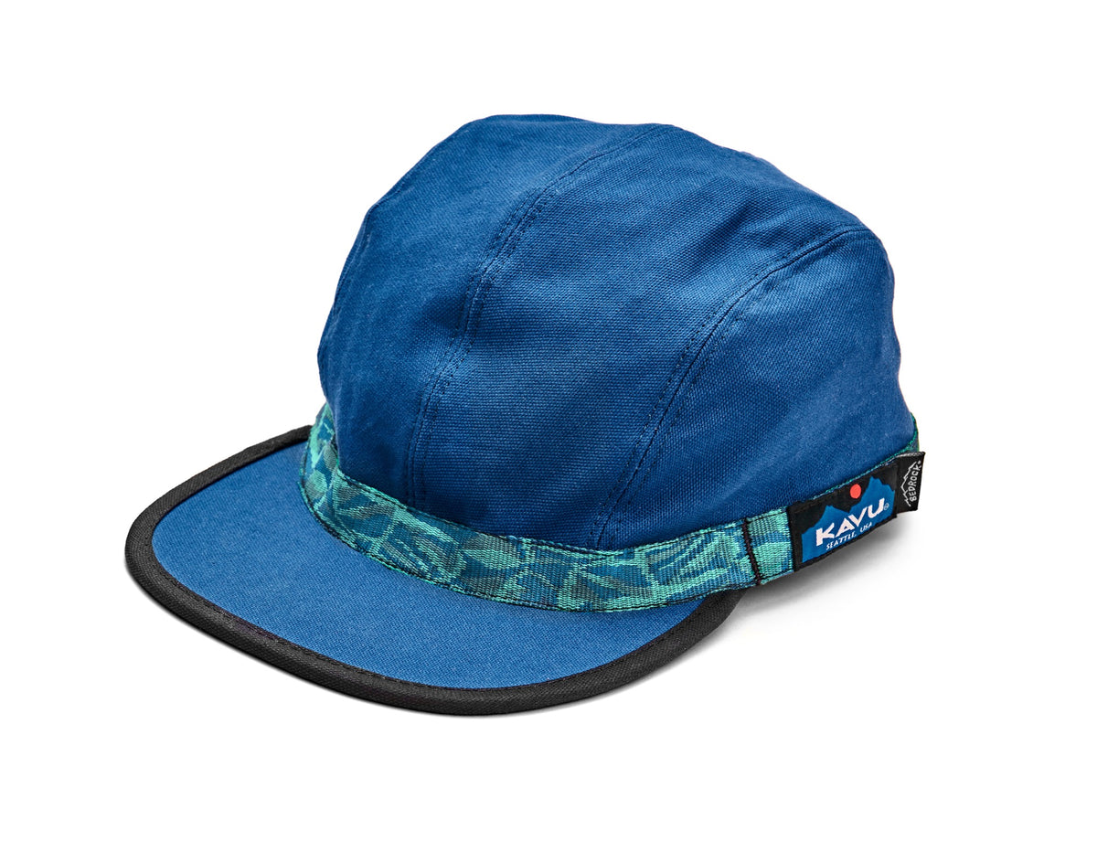 A blue organic cotton canvas fabric hat with River Mosaic patterned webbing by KAVU and Bedrock.