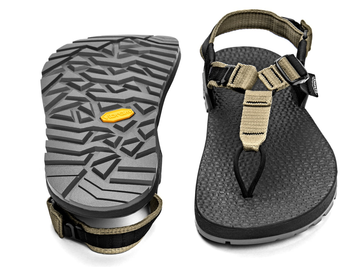 A pair of Cairn Evo 3D PRO sandals with bone tan straps, featuring a gray rugged Megagrip vibram sole.