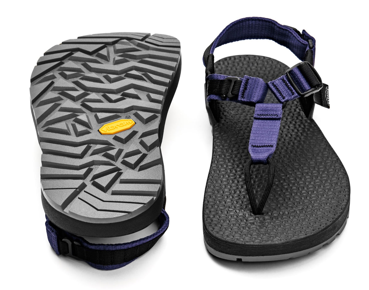 A pair of Cairn Evo 3D PRO sandals with lupine purple straps, featuring a gray rugged Megagrip vibram sole.