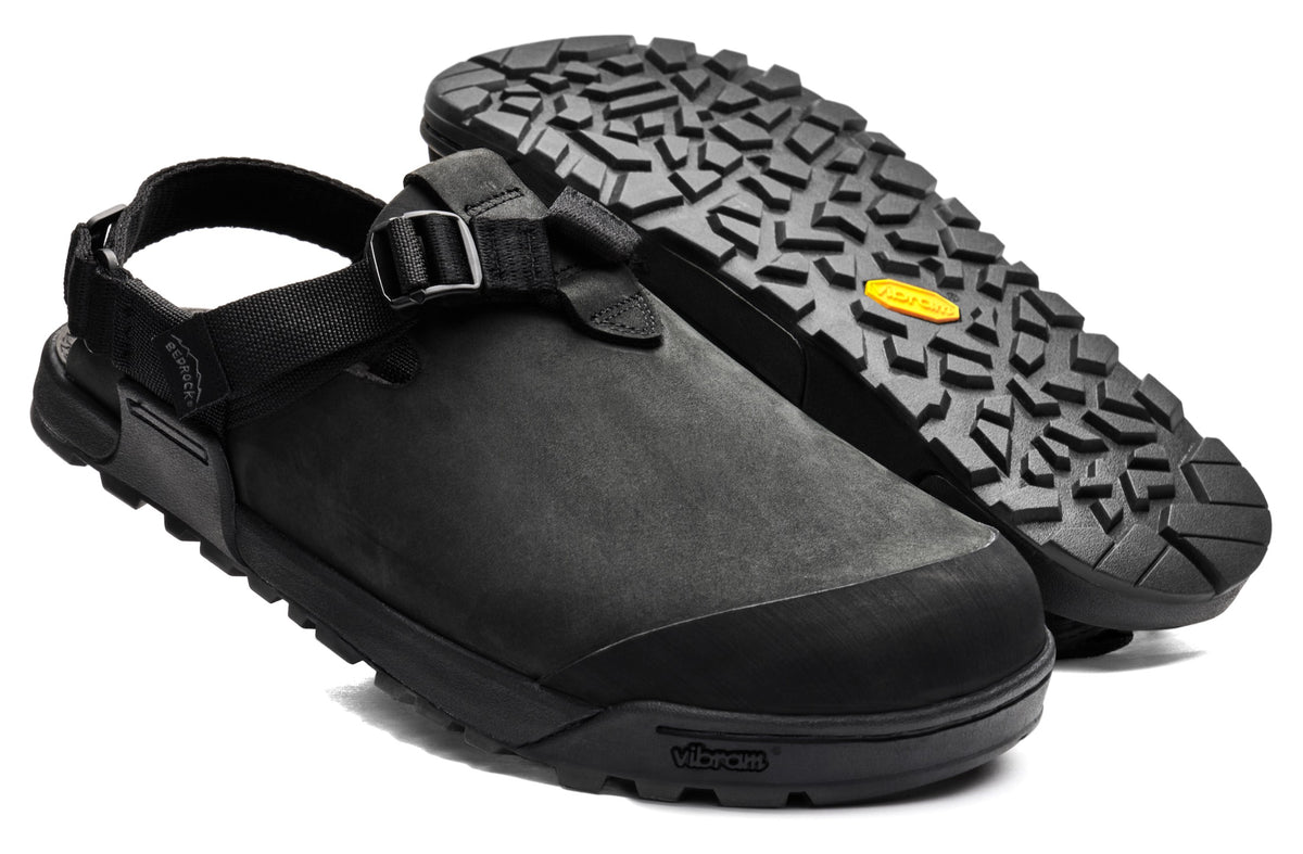 Obsidian Dark Gray Mountain Clogs showing vibram outsole and leather upper