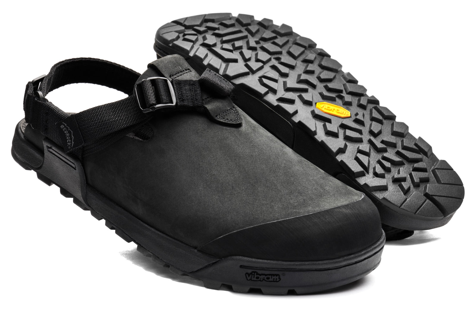 Obsidian Dark Gray Mountain Clogs showing vibram outsole and leather upper