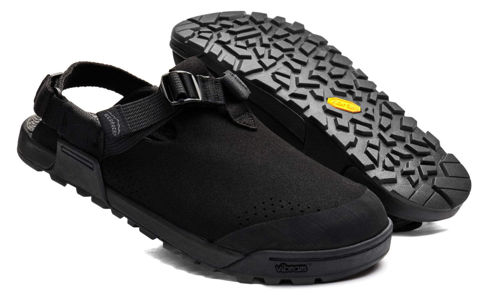Obsidian Black Synthetic Mountain Clogs showing rugged vibram sole and upper