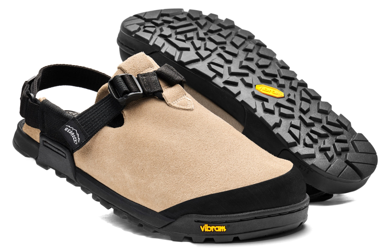 Birch Bark Leather Suede Mountain Clogs view of rugged vibram sole and upper