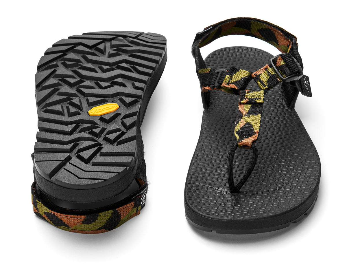 A pair of Cairn Evo 3D sandals with block landscape pattern on the straps and a rugged black vibram Evo XS Trek sole.