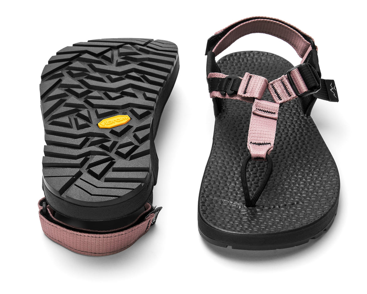 A pair of Cairn Evo 3D sandals with mauve pink straps and a rugged black vibram Evo XS Trek sole.