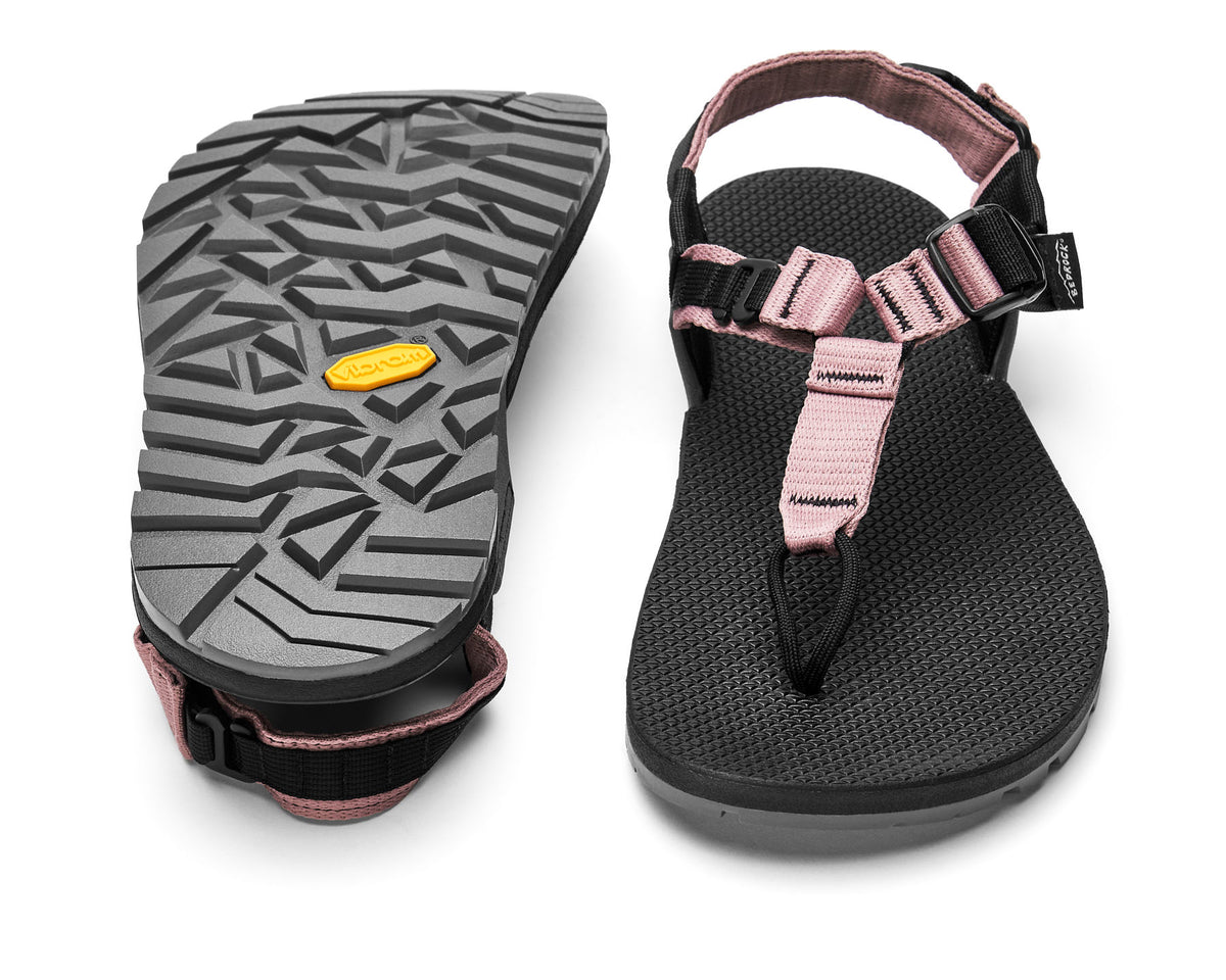 A pair of Cairn Evo PRO Sandals with mauve pink straps and black footbed, featuring a hook-and-loop strap design and Vibram Megarip outsole.