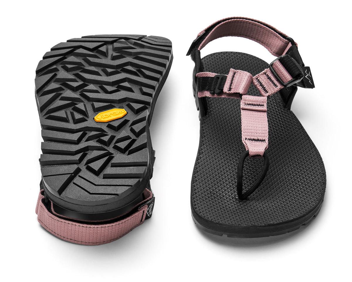 A pair of Cairn Evo Sandals with mauve pink straps and rugged Vibram XS Trek Evo sole.