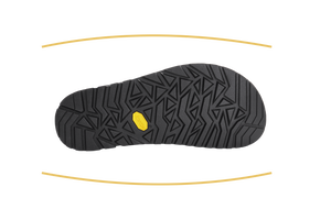A black shoe sole with a textured tread pattern and a small yellow Vibram logo, shown on a white background with two thin yellow curved lines above and below.