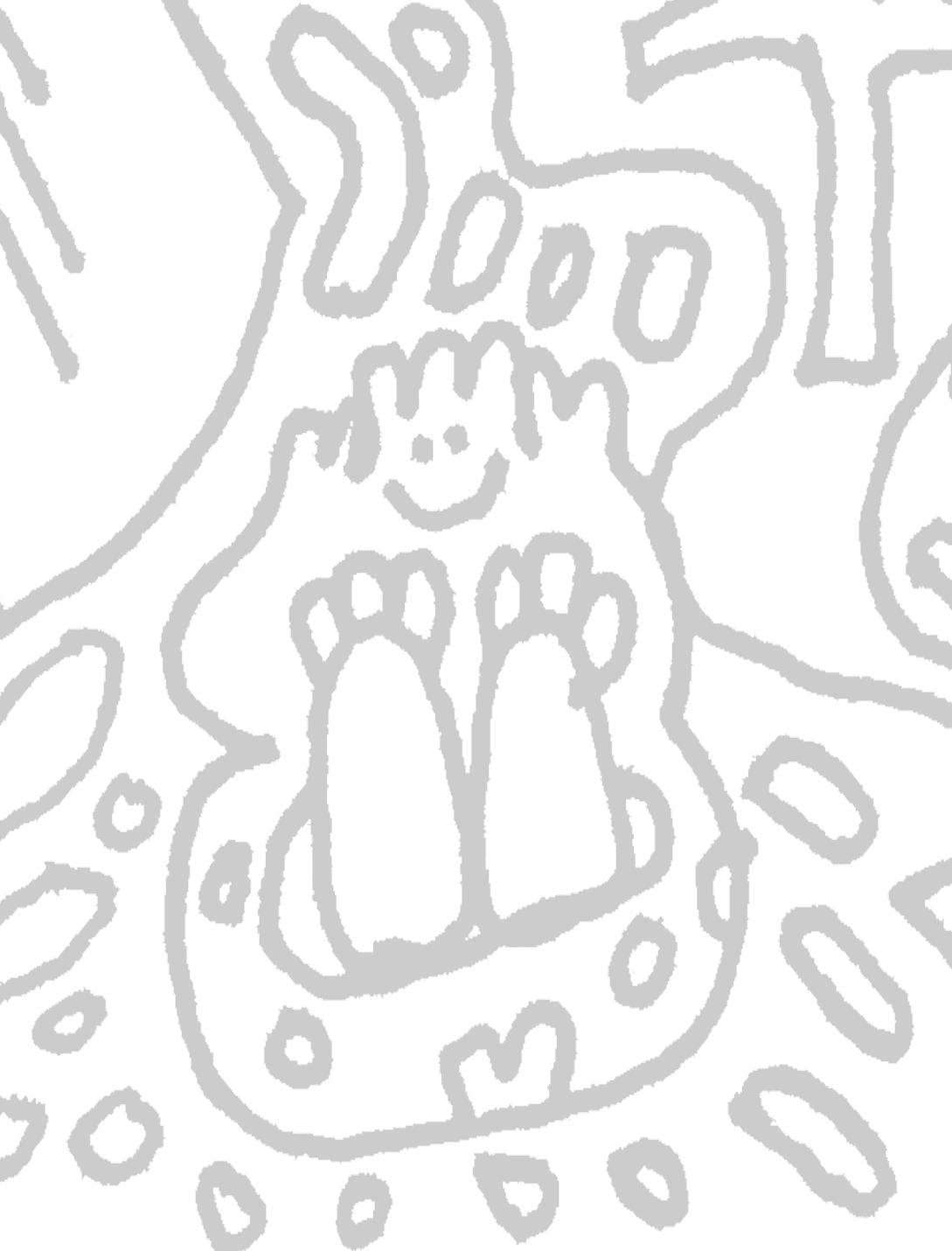 A close-up of a green surface with black hand-drawn doodle lines forming abstract shapes and a central stylized face and feet motif.