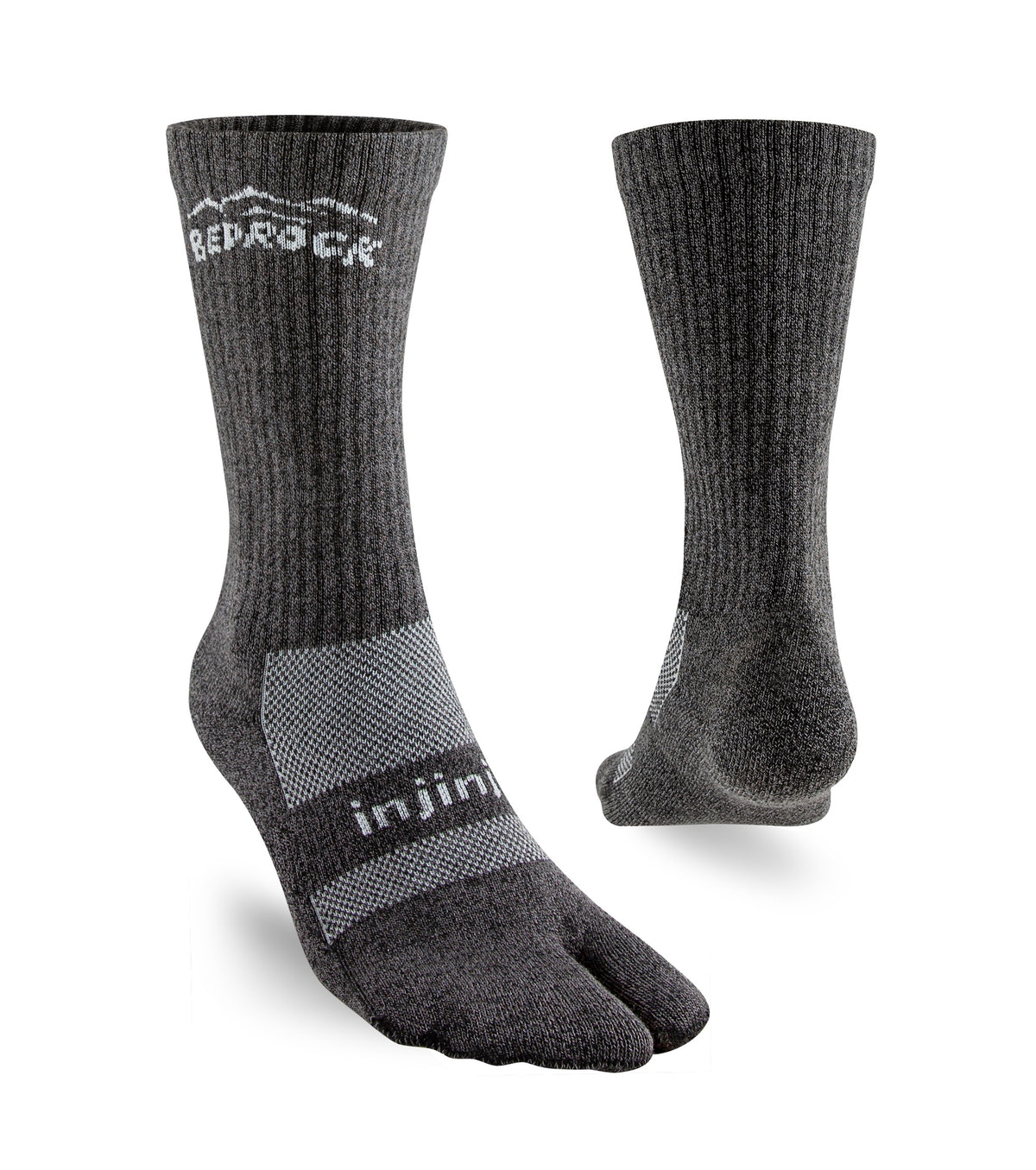 A pair of gray Bedrock x Injinji crew split-toe socks designed for use with sandals.