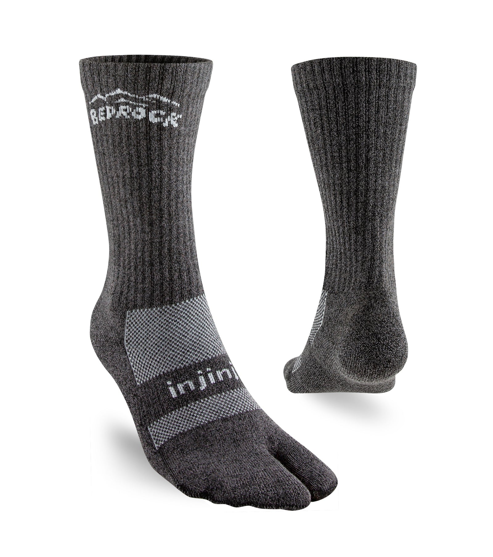 A pair of gray Bedrock x Injinji crew split-toe socks designed for use with sandals.