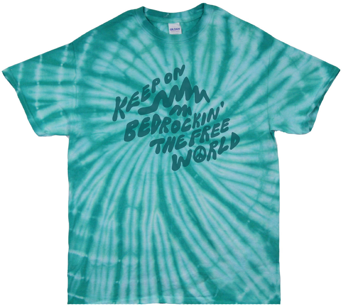 Blue Tie Dyed T-Shirt with Keep on Bedrockin&#39; the Free World design - Front