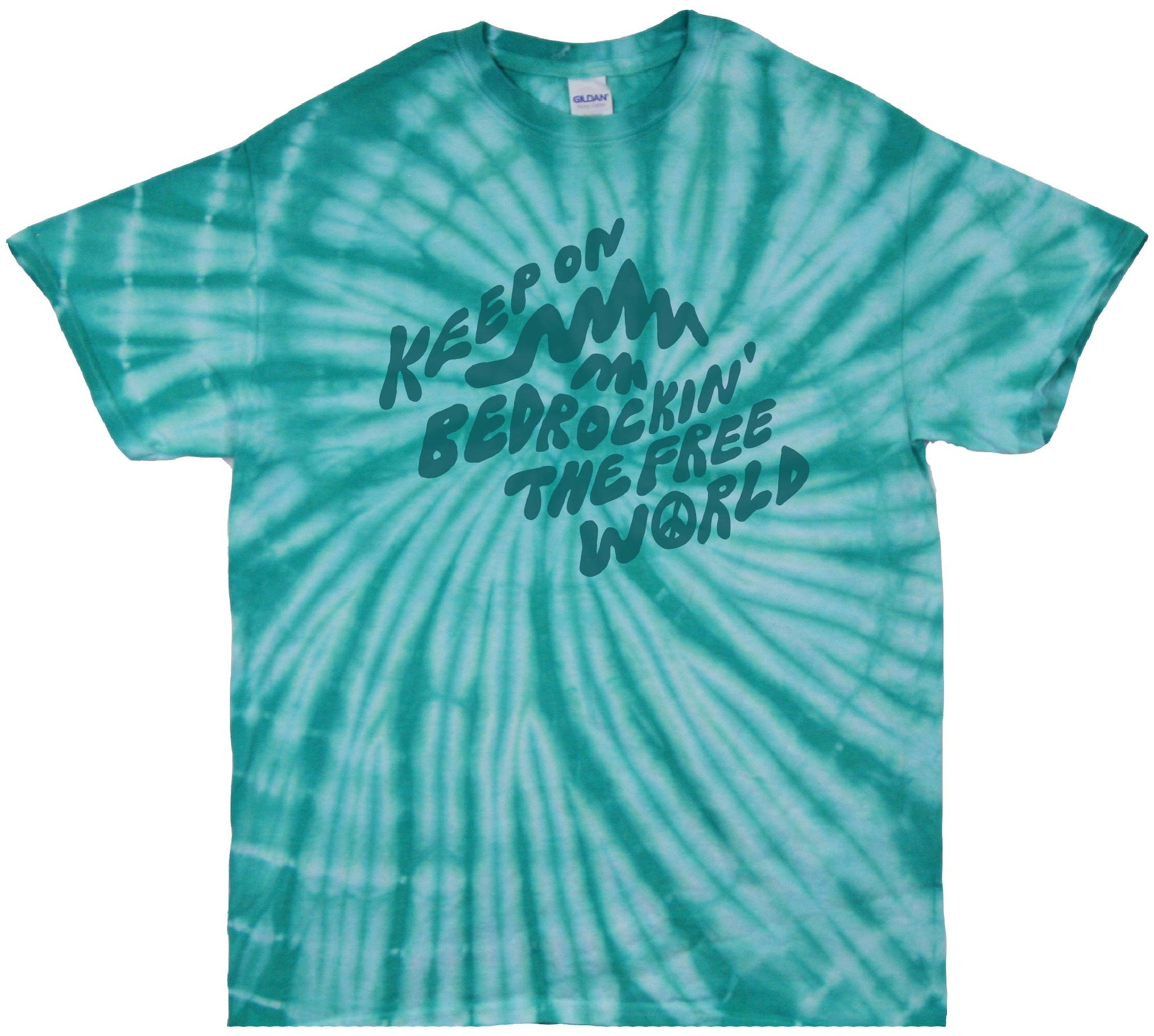 Blue Tie Dyed T-Shirt with Keep on Bedrockin' the Free World design - Front