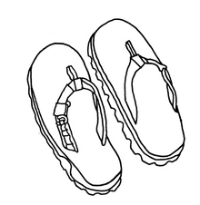 Black and white line art illustration of a pair of flip-flops on a plain white background.