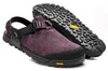 Deep Plum Mountain Clogs displaying rubbed vibram outsole and upper