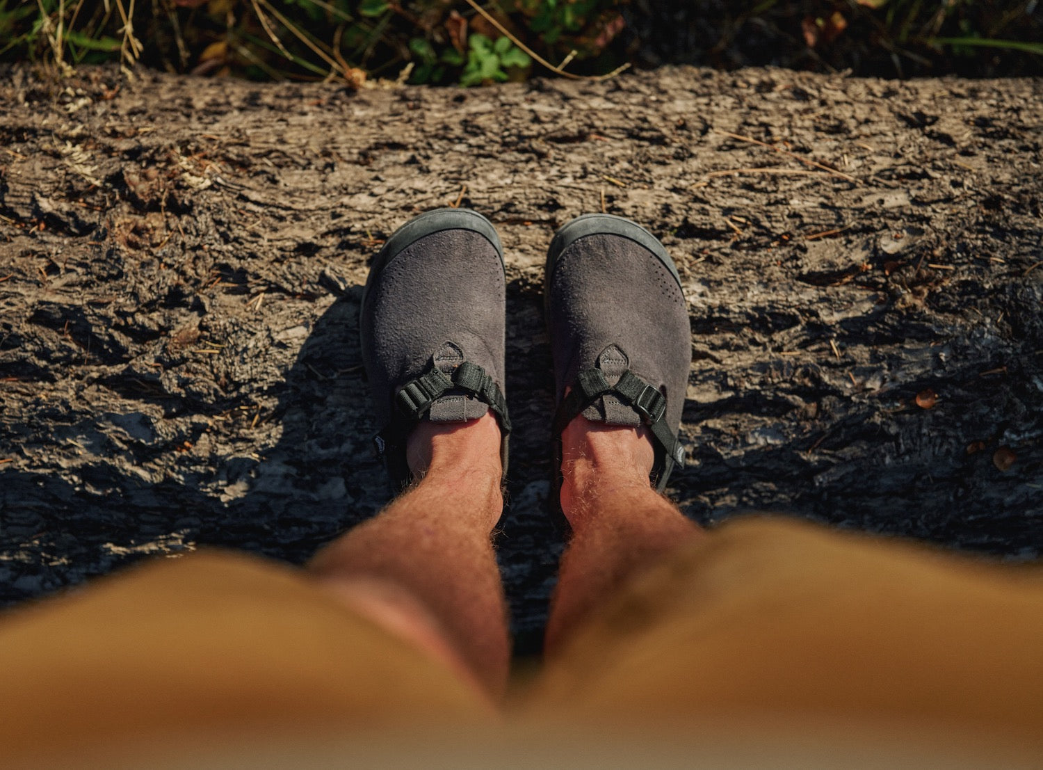 POV of person standing on a log wearing synthetic gray mountain clogs