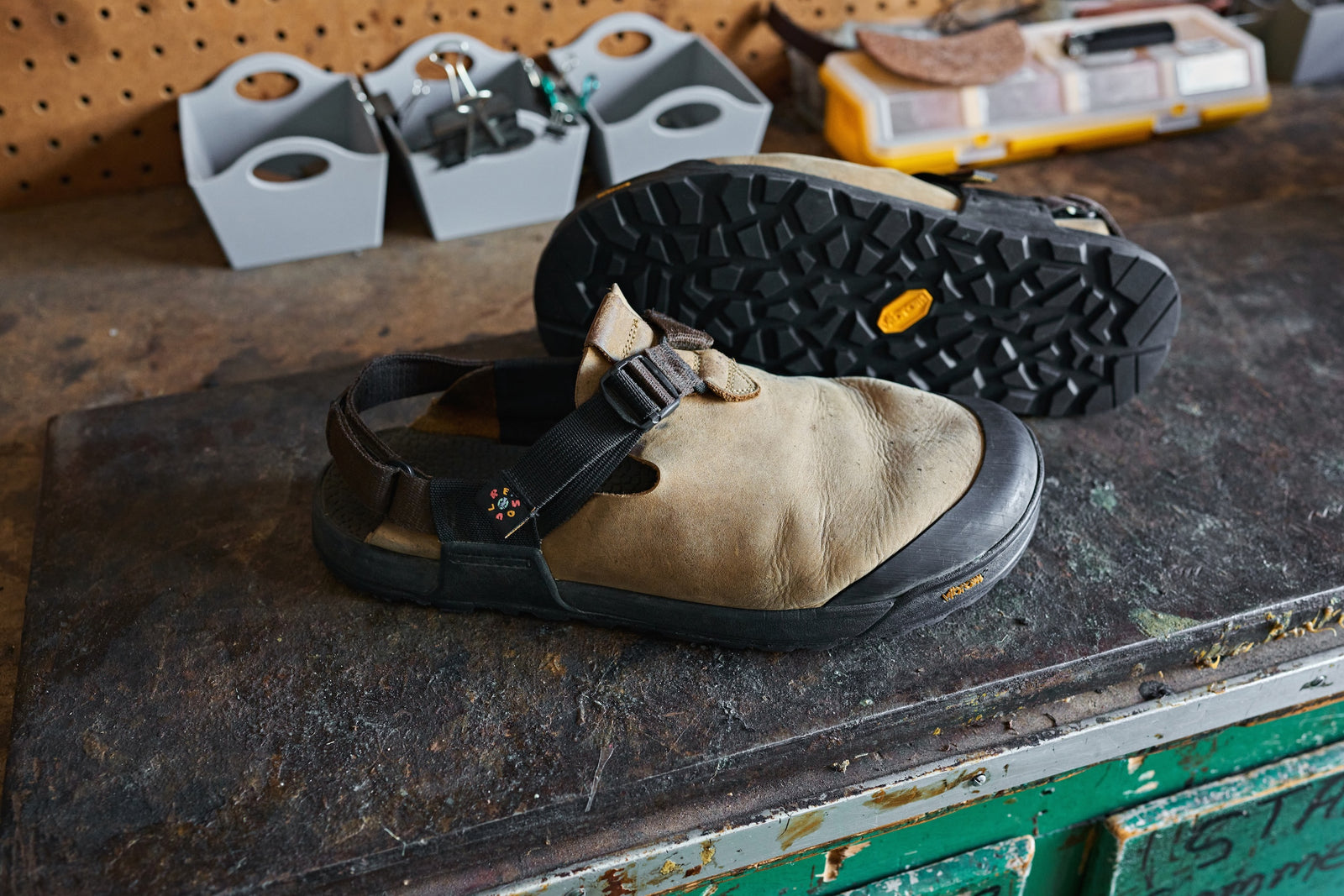 Pair of clogs on a work bench
