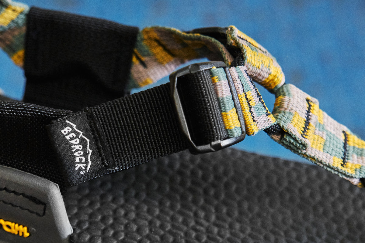 Close-up of a black sandal strap and buckle