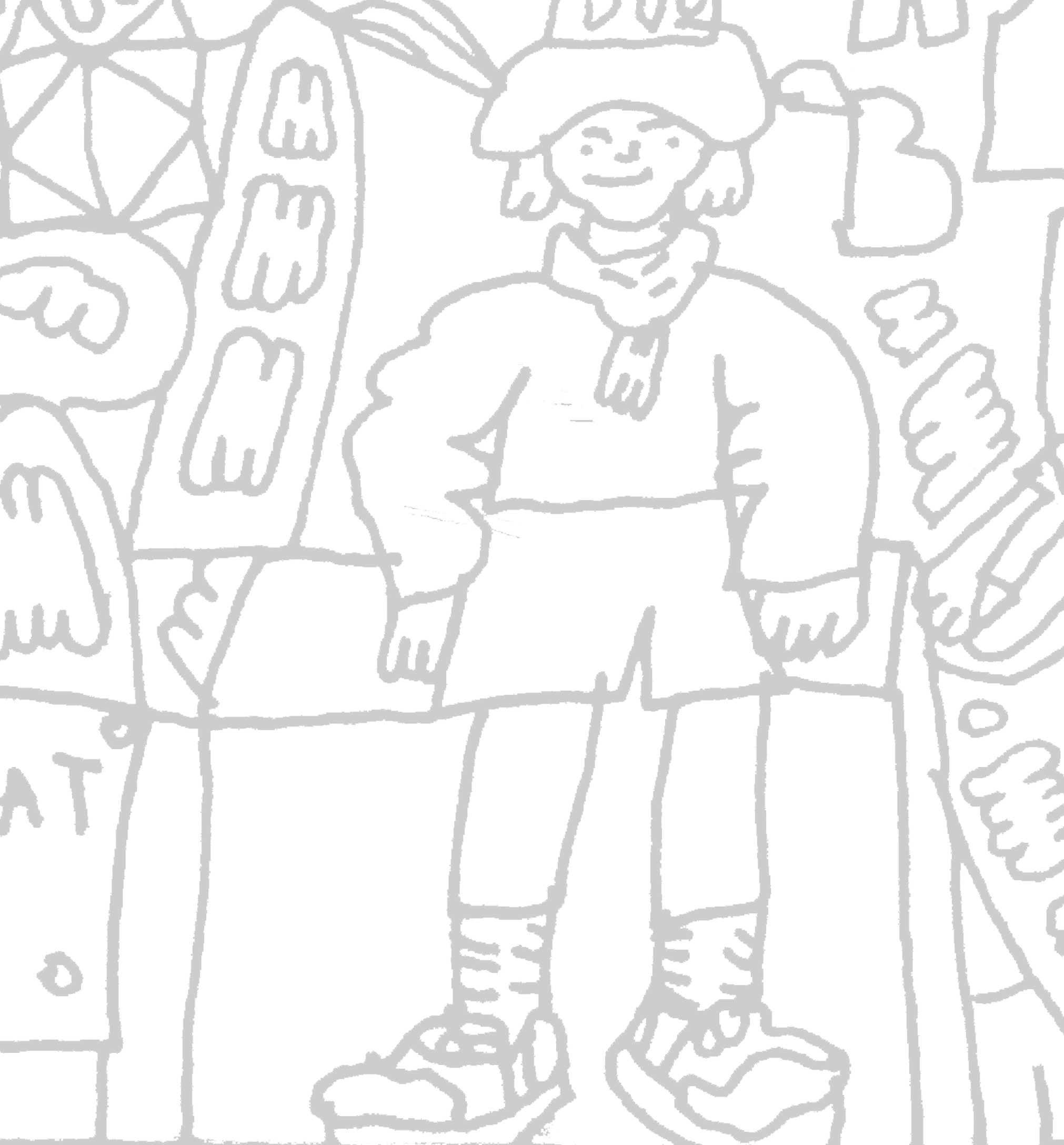 A hand-drawn style illustration in green and black, showing a smiling child standing in front of a whimsical background with abstract shapes and lettering.