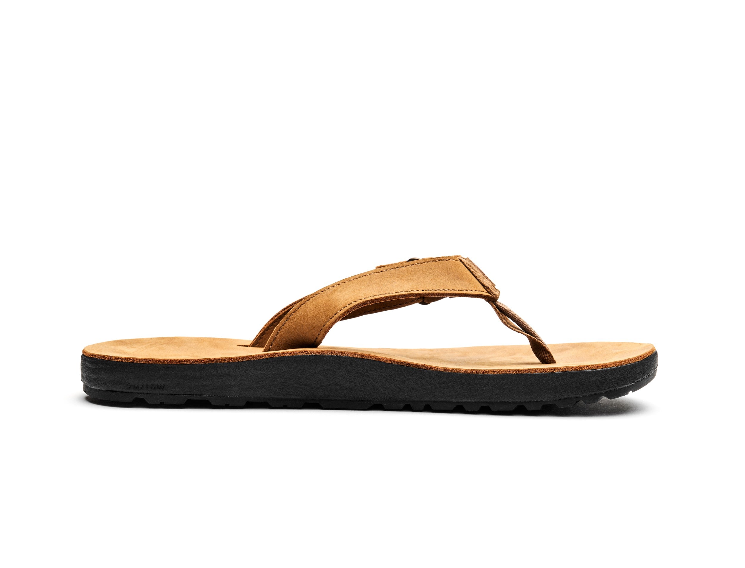 Brown nubuck leather rockhound flip flop medial view