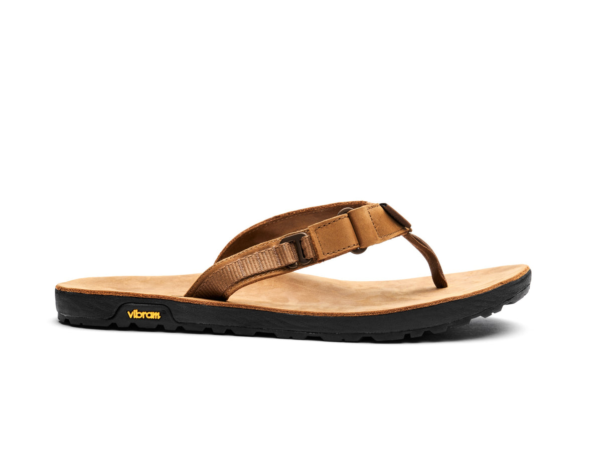 Brown nubuck leather rockhound flip flop lateral view