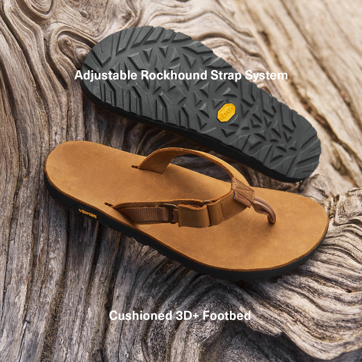 Brown sandal with adjustable rockhound strap system on driftwood. Words reading "Adjustable Rockhound Strap System" and "Cushioned 3D+ Footbed"