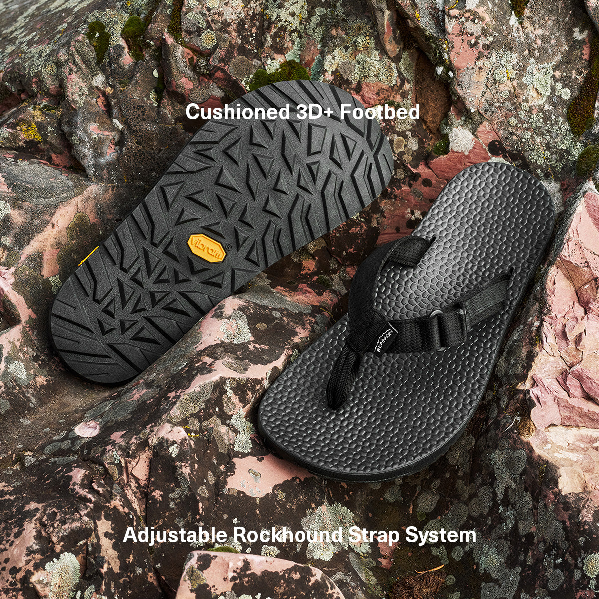 Black Rockhound sandals with cushioned 3D+ footbed and adjustable rockhound strap system on a rocky surface.