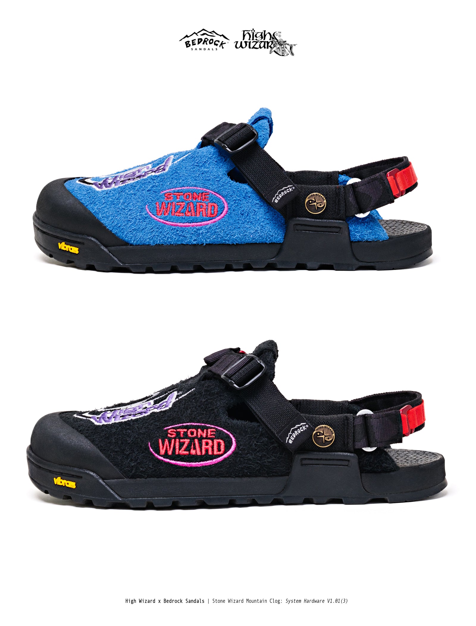 Two mountain clogs, one blue and one black, with 'Stone Wizard' branding on a white background.