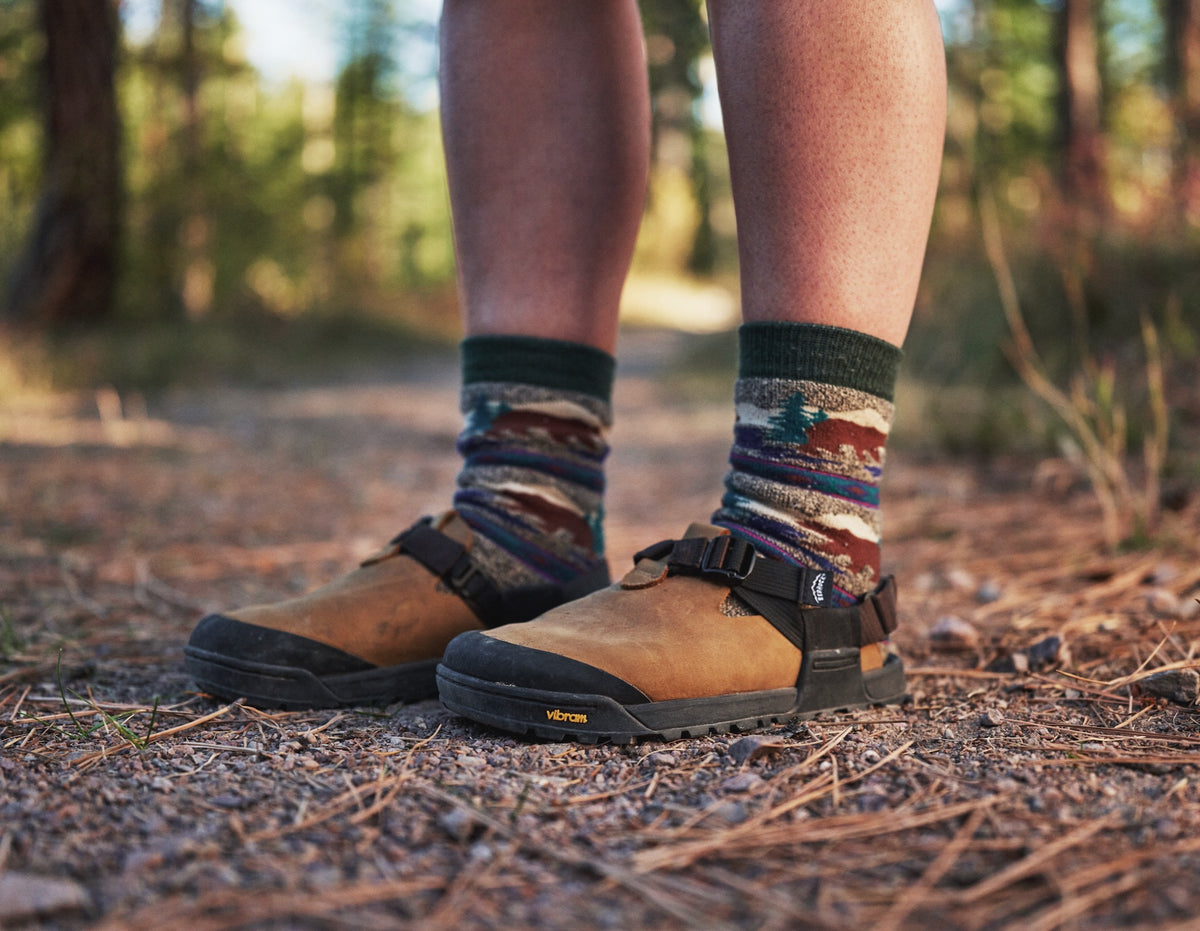 Person wearing Mountain Clog Leather on hiking trail
